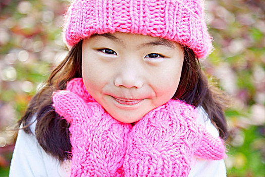 特写,女孩,头像,戴着,粉色,帽子,手套