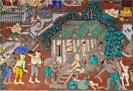 古老,佛教寺庙,壁画,泰国,生活方式,过去