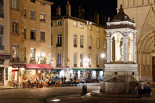 地点,喷泉,夜景,里昂,法国,欧洲