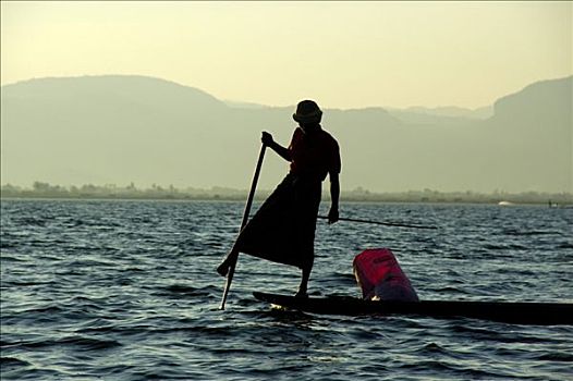 虚幻,捕鱼者,划船,腿,茵莱湖,掸邦,缅甸