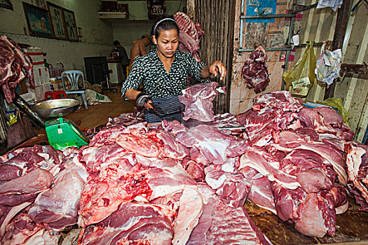 柬埔寨,收获,市场一景,女性,屠夫,销售,猪肉