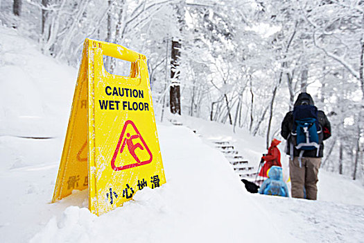 警告,小心,标牌,雪,地面,山
