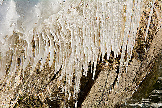 冬天湖边石头上结冰的冰柱