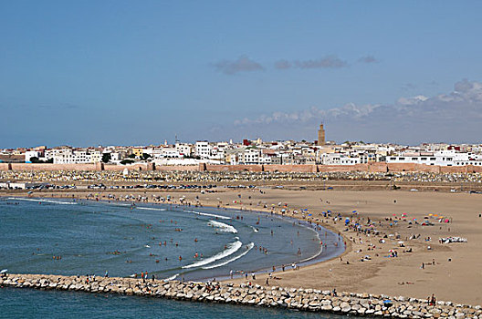 海滩,城市天际线,拉巴特,摩洛哥
