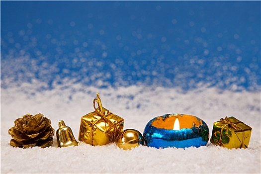 金色,圣诞装饰,隔绝,蓝色背景,背景
