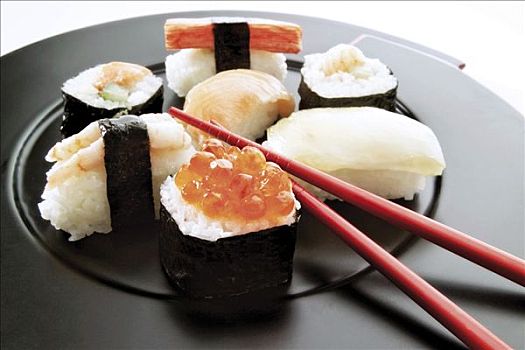 多样,寿司,黑色,盘子,筷子