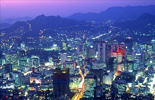 韩国,首尔,夜晚,全景,建筑