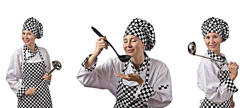 女人,厨师,抽象拼贴画,白色背景