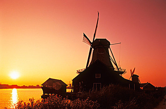 荷兰,风车,日落
