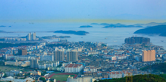 山,海,俯瞰,全景,城市