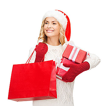 购物,销售,礼物,圣诞节,圣诞,概念,微笑,女人,圣诞老人,帽子,购物袋,礼盒
