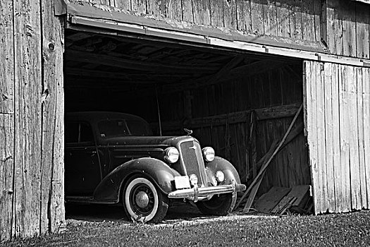黑白,正面,古董车,室内,木质,谷仓,安大略省,加拿大