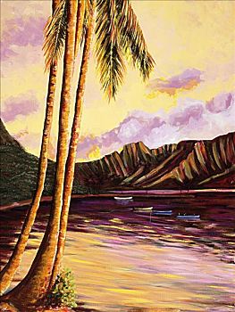 发光,夏威夷,瓦胡岛,左边,反射,日落,丙烯酸树脂,绘画