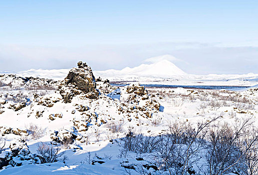 熔岩原,冬天,大雪,靠近,湖,米湖,冰岛高地,斯堪的纳维亚,冰岛,大幅,尺寸