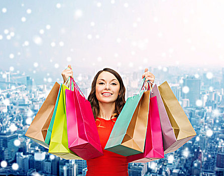 销售,礼物,圣诞节,休假,人,概念,微笑,女人,彩色,购物袋,上方,雪,城市,背景