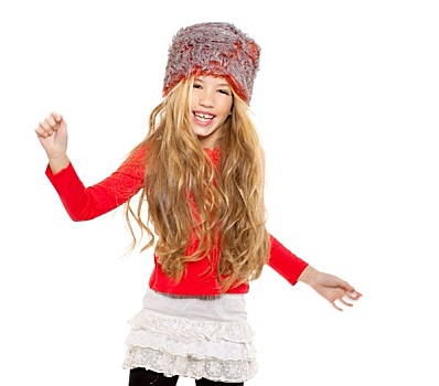 儿童,女孩,冬天,跳舞,红色,衬衫,裘皮帽