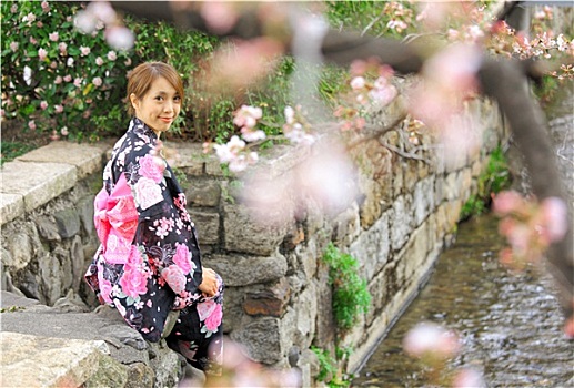 美女,穿,日本人,和服,樱花