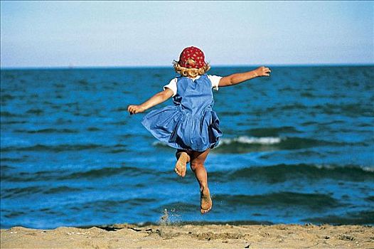 孩子,女孩,海滩,跳跃,高兴,度假,假日,夏天