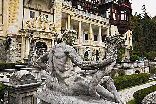 花冈岩,雕塑,裸露,男像,城堡,秋天,锡纳亚,罗马尼亚
