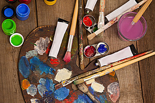调色板,多,彩色,水彩,粉刷,木桌子