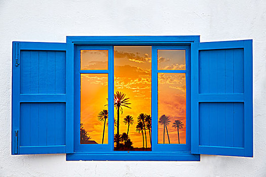 艾美利亚,风景,窗户,棕榈树,日落,照片