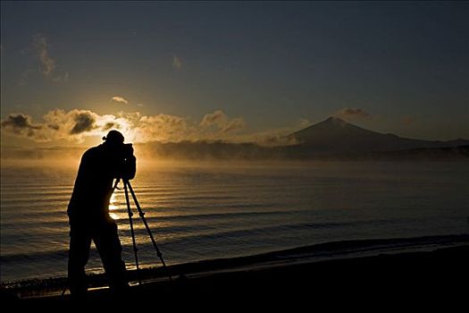 摄影师,火山,日出,湖,智利,南美
