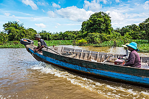 情侣,长,木船,河,收获,省,柬埔寨
