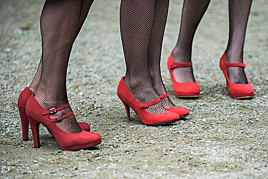 三个,两个,腿,穿,网袜,红色,鞋