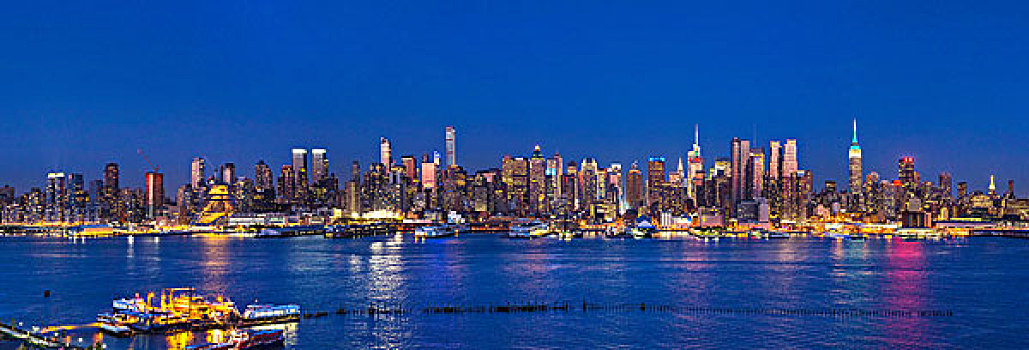 夜晚,全景,城镇,曼哈顿,天际线,纽约,美国