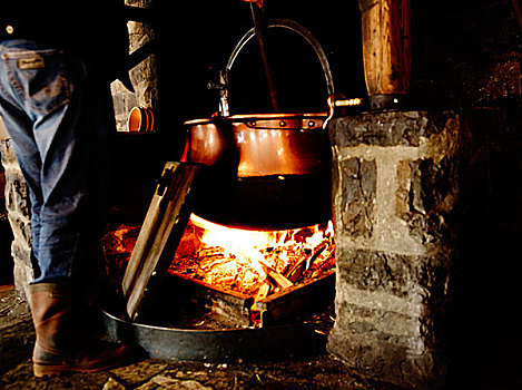 烹调,铜,大锅,木质,火,瑞士