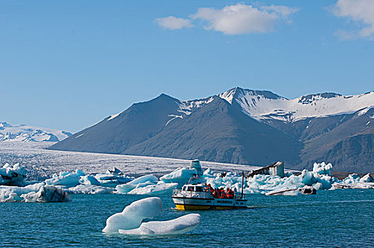 冰岛,东方,区域,杰古沙龙湖,结冰,湖,游船