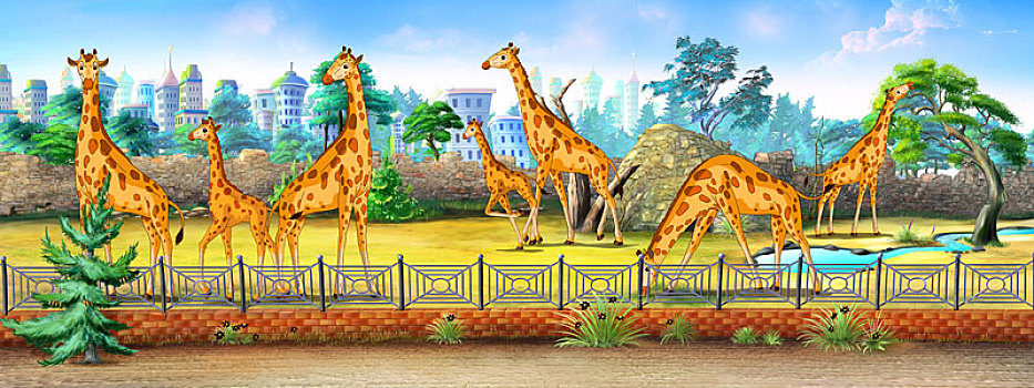 长颈鹿,动物园,全彩,插画