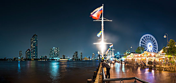 河,散步场所,晚上,摩天轮,天际线,曼谷,泰国,亚洲