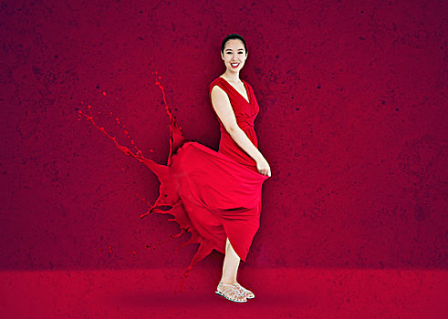 高兴,亚洲女性,红裙,转,绘画,溅,背景
