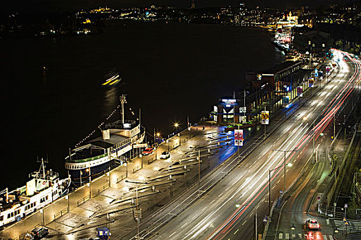 瑞典,斯德哥尔摩,街道,码头,光亮,夜晚