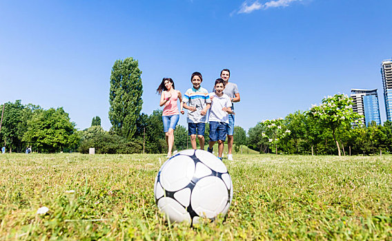 家庭,玩,足球,公园,夏天
