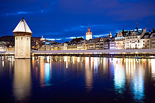 欧洲,瑞士,卢塞恩市,水塔,14世纪,遮盖,木桥,上方