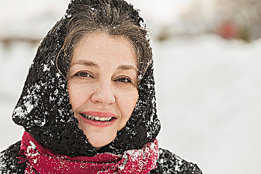 头像,微笑,老年,女人,冬天,穿戴,遮盖,雪