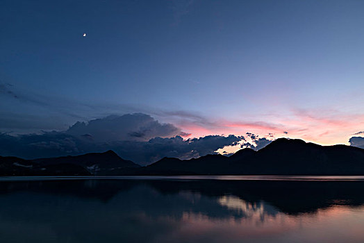 新月,上方,巴伐利亚,前景,反射,瓦尔幸湖
