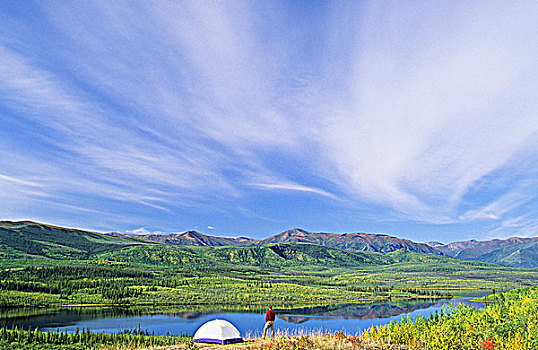 露营,高处,湖,山峦,育空地区,加拿大