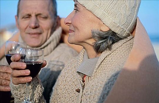 老年,夫妻,喝,葡萄酒,毯子