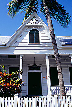 19世纪,单层建筑,楔形板,护墙板,房子,涂绘,白色,阳台,百叶窗,栅栏,棕榈树,山墙,圆顶,窗户,西礁岛,佛罗里达,美国