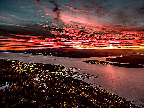 俯视图,日落,上方,城镇,挪威