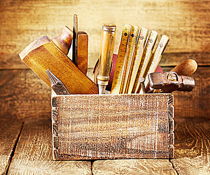 老,工具,盒子,木质背景