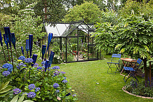 蓝色,椅子,装饰,瓶子,八仙花属,花园,温室