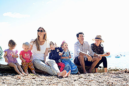 家庭,女儿,坐在树上,树干,海滩,新西兰