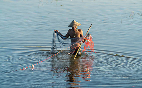 渔民,网,陶塔曼湖,阿马拉布拉,曼德勒,缅甸,亚洲