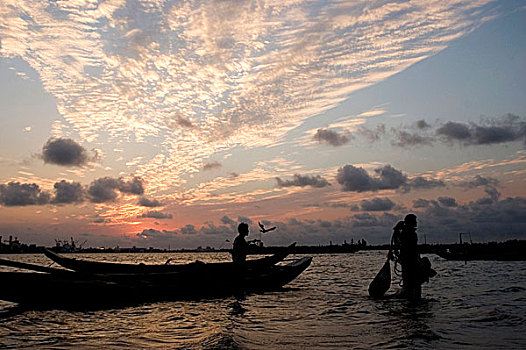 渔民,抓住,鱼,湾,孟加拉,四月,2009年