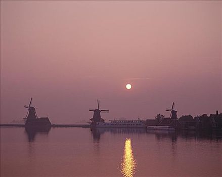 风车,日出,荷兰
