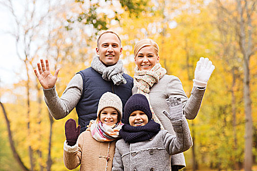 家庭,孩子,季节,手势,人,概念,幸福之家,挥手,秋天,公园